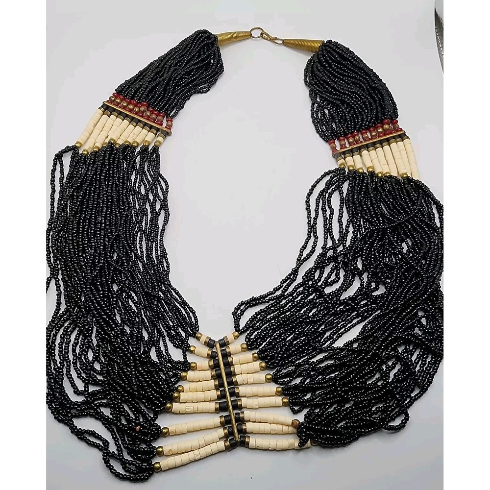 Vintage Boho Tribal Ethnic Black Glass Seed Bead Waterfall Layered Bib Necklace - Picture 2 of 16